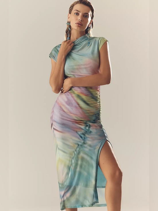 Anthropologie Dresses & Skirts - NWT Anthropologie The Maya Ruched Cowl Neck Mesh Dress Watercolor S Small